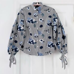 Nanette Lepore Floral Embroidered Boho Button Up Shirt Size L Balloon Sleeve tie